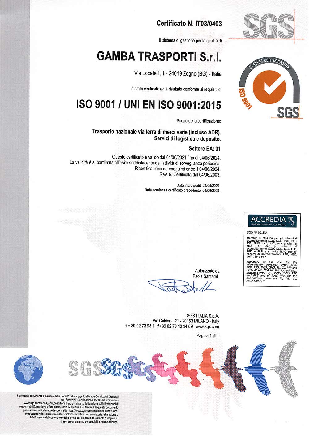 certificazione ISO 9001 Gamba Trasporti